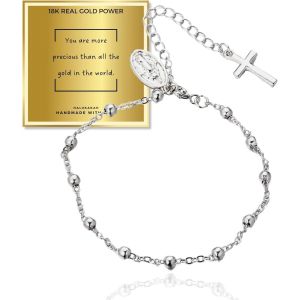 Eryi-Bracelet À Maillons Plaqué Or 18k/Platine Avec Croix Chapelet Italien Et Perles,Bracelet En Argent Sterling Pour Femmes,Longueur Ajustable,Cadeau Catholique Pour Maman,Fille,Amies,Épouse - Neuf