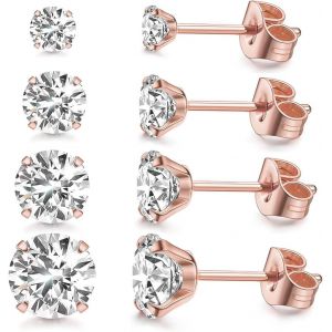 4 Paires 316l Acier Inoxydable Cz Lot Boucles D'oreilles Femme Homme Cartilage Boucles D'oreilles Piercing Ronde Cubique Zircone Boucle D'oreille À Vis À Billes Dos Plat Barbell,Or Rose,3-6mm - Neuf
