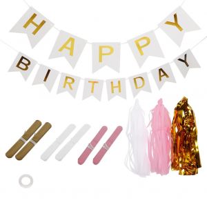 HJLIAN Ensemble de decorations de fete d'anniversaire avec lettres, banderoles, drapeaux, ballons et pompons (lot de 1) - Neuf