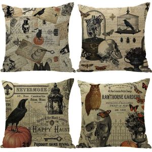 Lot De 4 Taies D'oreiller Imprimées Motif Citrouille Et Sorcière Pour Halloween, Housse De Coussin, Décoration Pour La Maison, Le Canapé Ou Le Lit, 45 X 45 Cm (C) - Neuf