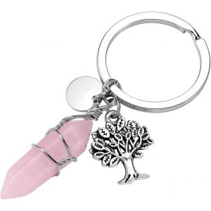 Quartz Rose Hexagonal Pierre Précieuse Fil Enroulé Cristal De Guérison Point Chakra Pendentif Porte-Clés Arbre D'argent - Neuf