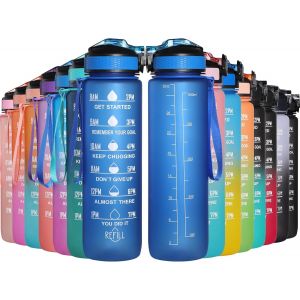 Eryi-Bouteille D'eau, Bouteille D'eau De Sport 1000 Ml Avec Échelle Et Marqueur De Temps, Grande Bouteille D'eau Étanche Avec Crépine Amovible Durable Pour La Salle De Sport En Plein Air Bleu - Neuf