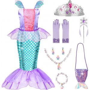 Ehnga-Deguisement Sirene Fille, 12 Pièces Deguisement Princesse Fille Avec Sac De Sirène 3-8 Ans, Ariel Costume D' Carnaval, Anniversaire, Halloween - Neuf