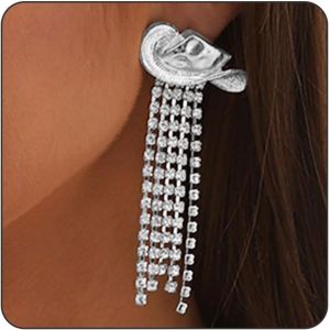 Kal-Boucles D'oreilles Cowgirl Western Pour Femmes, Boucles D'oreilles À Pampilles En Strass Argentées Comme Tenues De Concert Country Et Rodeo Pour Femmes, Bijoux Étincelants Chapeaux Cowboy - Neuf