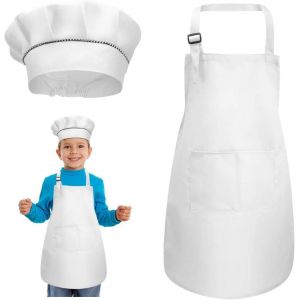KALANKA-Set Tablier et Chapeau Chef Pour Enfants, Blancs et Ajustables, Avec 2 Poches Pour 3 à 6 Ans - Garçons et Filles Cuisine - Neuf