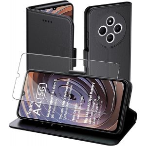 Trahoo-Coque Pour Xiaomi Redmi A4 5g, Flip Case+1 Verre Trempé Etui Protection Housse Premium En Cuir Pu, [Pochette De Portefeuille] [Fermeture Magnétique] [Etui À Rabat]- Noir - Neuf