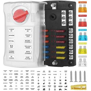 Kalanka-Porte-Fusibles 12 Prises Pour Voiture - 12 V - Fusibles Plats Ato/Atc - 12 Compartiments - Coque En Plastique - Vis M5 Avec Fusible 5-25 A - 32 V - 100 A Max - Pour Voiture, Bateau, Rv - Neuf