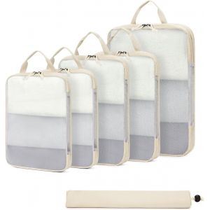 6 Pi&egrave;ces Organisateur Val , Sac Compression Voyage En Plastique Recycl&eacute;, Ultra-R&eacute;sistant Packing Cubes, Rangement Val Organisateur Pour Bagage &Agrave; Main, Beige - Neuf