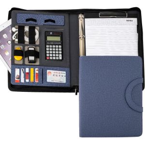 Porte-documents A4 Professionnel - Calculatrice Solaire Int&eacute;gr&eacute;e + Bloc-Notes - Cuir PU Imperm&eacute;able - Organiseur Bureau/Voyage (gris fonc&eacute;) - Neuf