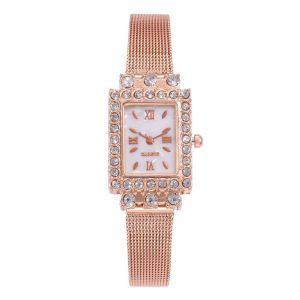 Montre-Bracelet Vansvar Tendance Pour Femme, En Alliage, Maille Carree, Strass, Or Rose - Neuf