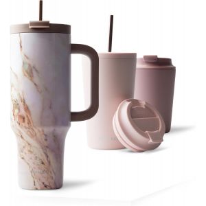 Sjzg-Mug Isotherme Avec Paille & Anse 1200 Ml, Thermo Caf&eacute; &Eacute;tanche En Acier Inox, Tasse Isotherme Sans Bpa, Mug Isotherme Cafe (Pearl Marble) - Neuf