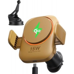 JGD-Support T&eacute;l&eacute;phone Voiture Induction 15W Mag-Safe, Certifi&eacute; Qi2 Chargeur Induction Voiture avec Ventilateur et LED, Charge Rapide, Compatible iPhone 16 Pro Max/15/14/13/12 etc, Jaune - Neuf