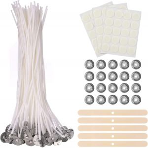 Mevronisshop-100 Pi&egrave;ces Meche Bougie, 15cm M&egrave;che Pour Bougie, Coton M&egrave;che De Bougie Avec 5 Supports M&egrave;ches En Bois, 60 Autocollants Double Face Pour Diy Bougies - Neuf