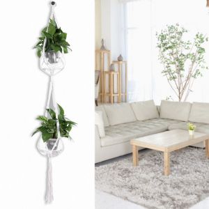 HJLIAN Support de pot de fleurs en corde de coton tissee de 105 cm, pieds suspendus, paniers en corde, poche filet (double bassin) - Neuf