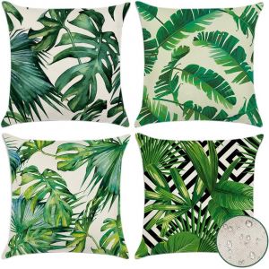 Lot De 4 Housses De Coussin D'extérieur Imperméables (45 X 45 Cm - Plantes Tropicales 01) À Motif De Plantes Tropicales Vertes Pour Canapé, Terrasse, Jardin, Salon, Chambre À Coucher, Décoration - Neuf