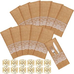 Eryi-24pcs Pochette Couvert Toile De Jute, Pochette Couvert Mariage, Pochette À Couverts Tissu Avec Rond De Serviette Doré Pour Décoration De Table De Mariage, Fête, Banquet - Neuf