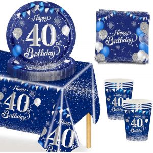 53pcs Anniversaire Vaisselle Lot,Bleu Argent Anniversaire 40 Fête Vaisselle,Kit Vaisselles Comprendre Papier Assiette Serviette Nappe Gobelets,Decoration Anniversaire 40 Ans Pour 16 Invités - Neuf