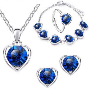 Kal-La Collier En Forme De C?ur Boucle D`Oreille Bracelet Anneau Mis En Or Mode Amour Coeur Collier Collier Choker Bijoux Pour Femmes Et Filles (Bleu) - Neuf