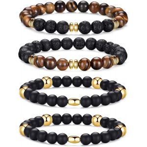 Eryi-Bracelet D'oeil De Tigre Pour Homme 8mm Pierre Naturelle Bracelet De Cristal Noir Ajustable Pour Homme Cadeaux Pour Femme - Neuf