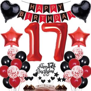 Tianyi-Décorations D'anniversaire Pour Garçon Et Fille - Cadeau Pour 17e Anniversaire - Décoration De Gâteau - Bannière Happy Birthday - Rouge Et Noir - Kit De Décoration De 17 Ans - Chiffre 17 Ballo - Neuf