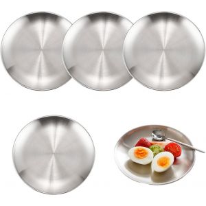 4 Pi&egrave;ces 20 Cm Plats Ronds En Acier Inoxydable,Assiettes Rondes En Acier Inoxydable,Vaisselle Ronde En Acier Inoxydable De 20 Cm - Assiettes Plates En M&eacute;tal - Pour Camping,Pique-Nique,Randonn&eacute;e - Neuf