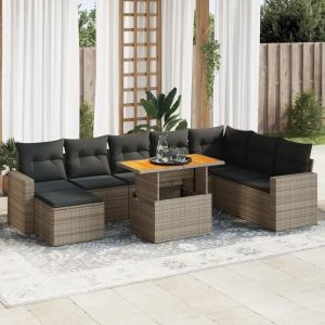 Salon De Jardin 9 Pcs Avec Coussins Gris Résine Tressée - Neuf