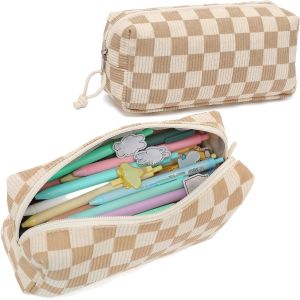 Kal-Trousse &Agrave; Crayons Mignonne Pour Enfants, Filles, Gar&ccedil;ons, Kawaii, Pour &Eacute;tudiants, Plaid Blanc Marron, 22,9 X 8,9 X 8,9 Cm, Sac &Agrave; Dos Scolaire - Neuf