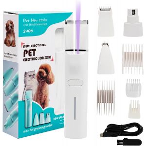 Tondeuse Chien Professionnelle, 4 En 1 Tondeuse Chat Avec Lumi&egrave;re Led Et Lampe Violette Uv, Kit Toilettage Chien Pour Chiens Et Chats, Pour Pattes, Yeux, Oreilles, Visage, Croupe (Blanc) - Neuf
