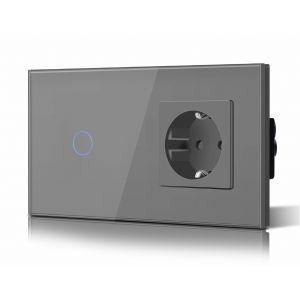 Schuko Interrupteur d'éclairage, prise, encastré, 1 compartiments, 1 voie, prise 3-en-1, puissance de charge USB 2,1 A, adaptateur de type C, station de charge, rallonge en verre, 157 mm, gris - Neuf