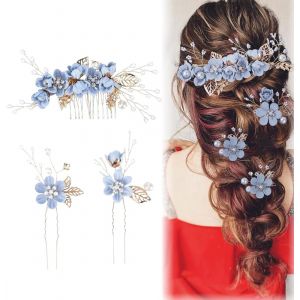 Kal-3 Pièces D'or De Mariage Peigne À Cheveux Perle Mariée Bijoux De Cheveux Strass Mariée Peigne Pince À Cheveux Pour La Mariée Demoiselle D'honneur Bleu - Neuf