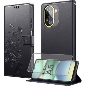 KAL-Coque Pour Xiaomi Redmi A5 4G Avec 1 Verre Trempé,1 Protection Camera,Étuis Rabat [Housse En Cuir Pu][Fentes Pour Cartes][Pochette De Portefeuille][Stand Feature]- Noir - Neuf
