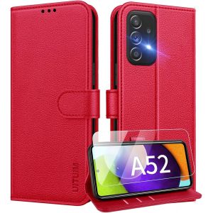 Sansh-Coque Pour Samsung Galaxy A52 5g / A52s 5g / A52 4g Coque Etui Portefeuille Cuir Avec Verre Trempé Protection Écran Porte Carte Rabat Clapet Flip Case Étui Cover Housse Etui Coque,Rouge - Neuf