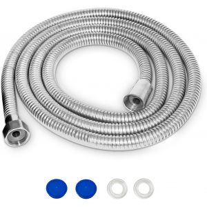 2m Tuyau de douche extra long de en métal de rechange,flexible de douche,tuyau de douche de rechange en acier inoxydable,anti-torsion avec 2 rondelles,chromé,(argent) - Neuf