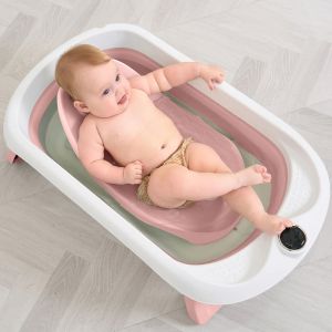 Baignoire B&eacute;b&eacute; Pliable - Thermom&egrave;tre Et Transat Inclus - Leaf - Pink | Superbe Bebe - Neuf