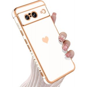 LORANKA-Compatible avec Google Pixel 8 - Motif c?ur - Design galvanis&eacute; - TPU souple - R&eacute;sistant aux chocs - Protection compl&egrave;te de l'objectif de l'appareil photo - Blanc - Neuf