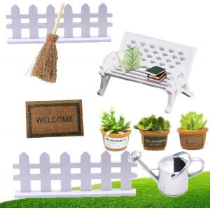 KALANKA-9 Pi&egrave;ces Miniature Jardin Ornements Outils de Jardin, 3 Mini Plantes, 1 Banc, 1 Balai, 1 Tapis, 1 Arrosoir, 2 Cl&ocirc;tures. Convient pour D&eacute;corer Un Mini Jardin - Neuf