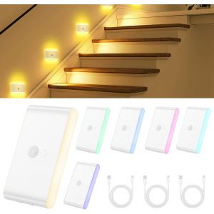 Veilleuse Détecteur De Mouvement, Lot De 6 Lumiere Détecteur Led Intelligente Rechargeable Avec Câble Charge Type C,Veilleuse Blanc Chaud Couleurs Rvb Commutables Pour Chambre, Clairage Escalier - Neuf