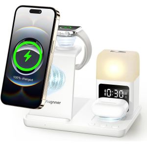 CMJAAGUR-Station De Charge Avec Lampe De Nuit Et Réveil, Chargeur Induction 6 En 1 Pour Iphone 16/15/14/13/12/11,Chargeur Sans Fil Convient Pour Iwatch Series,Airp0Ds 4/3/2/Pro (Blanc)[M607] - Neuf