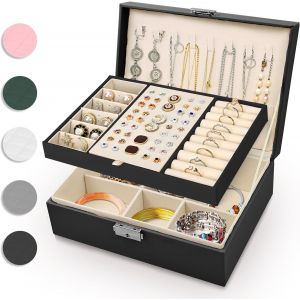 Jexnovashop-Bo&icirc;te &Agrave; Bijoux Pour Femme, 2 Couches Grand Boite A Bijoux Fille De Voyage &Eacute;tui En Cuir Pu Pour Bagues, Bracelets, Boucles D'oreilles, Colliers,Noir - Neuf
