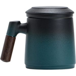 Eryi-Infuseur À Thé Avec Couvercle, Poignée En Bois, Tasse À Thé En Céramique, Tasse À Thé En Vrac, Tasse À Thé Noir Mat, 375 Ml, Tasse À Thé Asiatique, Cadeau Pour Homme Et Femme (Noir Et Vert) - Neuf