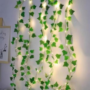 JGD-Guirlande lumineuse avec feuilles - lierre artificiel avec guirlande lumineuse - Feuilles vertes - Guirlande de lierre avec 100 LED - Guirlande de lierre d'int&eacute;rieur - 10 m - D&eacute;coration de plante - Neuf