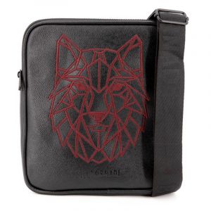 Sacoche similicuir textur&eacute; avec broderie rouge loup safiano 22x25x2cm Homme BILL TORNADE - Neuf