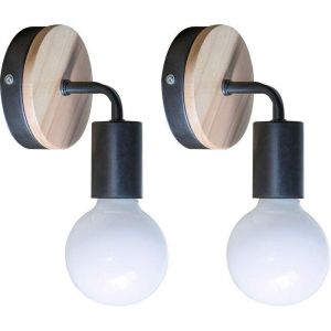 Lot De 2 Appliques Murales Modernes En Bois Et Fer Forgé E27 (Sans Ampoule) Noires - Neuf