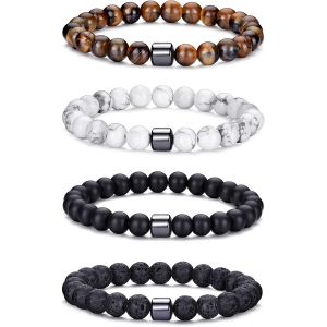 Kalanka-Bracelet Oeil De Tigre Homme 8mm Bracelet Pierre Naturelle Homme Ensemble De Bracelets Réglables Et Extensibles En Pierre De Lave Pour Hommes Bracelets De Perles Cadeaux Pour Père Petit Ami - Neuf