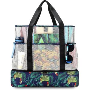 nzqaf-Sac de Plage en Maille Cabas Femme Grand Sac Isotherme Repas Homme Famille Fourre-Tout élégant Et Durable Pour Vacances Camping Voyage Plage (Feuilles vertes) - Neuf