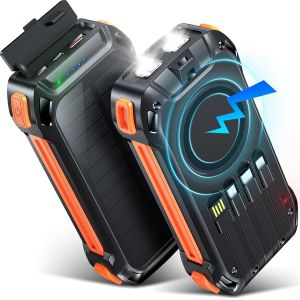 JGD-26800mAh Batterie Externe Solaire sans Fil avec 4 c&acirc;bles int&eacute;gr&eacute;s, Charge Rapide 7 Sorties Chargeur Portable USB C 30W avec Lampe SOS, pour t&eacute;l&eacute;phones tablettes Camping (Orange) - Neuf