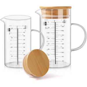 Eryi-Verre Doseur,500ml+1000ml Transparent Verre Mesureur Cuisine Avec Couvercle En Bois,Bocaux En Verre Avec Poignée,Récipients Gradué En Verre,Verre Mesureur Gradué Cuisine-Idéal Pour Pâtisserie - Neuf