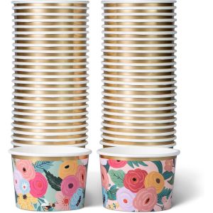 Kal-Lot De 50 Pots Glace 266 Ml Et Coupelles Jetables ¿ Bols En Papier Avec Motif Floral Et Bord Doré ¿ Pot À Glace Jetable Coupelle Jetable Chaud/Froid Pour Fêtes Mariages Desserts Et Soupes - Neuf