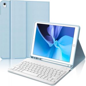 Coque Clavier pour iPad 9e/8e/7e Génération 10.2 Pouces, AZERTY Français Housse Clavier Bluetooth Détachable avec Porte Crayon pour iPad 2021/2020/2019 10.2""/Air 3 2019/iPad Pro 10.5 2017, Bleu Ciel - Neuf