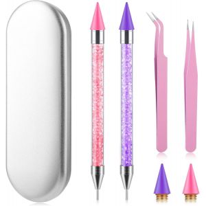 Kal-Kit D'outils De Pose De Strass -Double Extrémité -Stylo À Cire Acrylique -Pour Le Bricolage Des Ongles -2 Stylos À Points, 2 Pointes De Cire, 2 Pinces (Rose + Violet) - Neuf